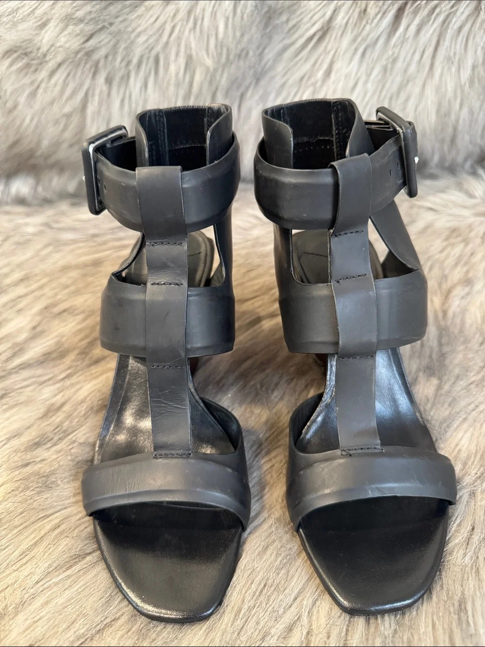 10 Crosby Derek Lam Black Leather Strappy Wedge Sandals Size 5.5